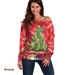 Kakapo New Zealand Christmas Off Shoulder Sweater Meri Kirihimete Pohutukawa Red Color