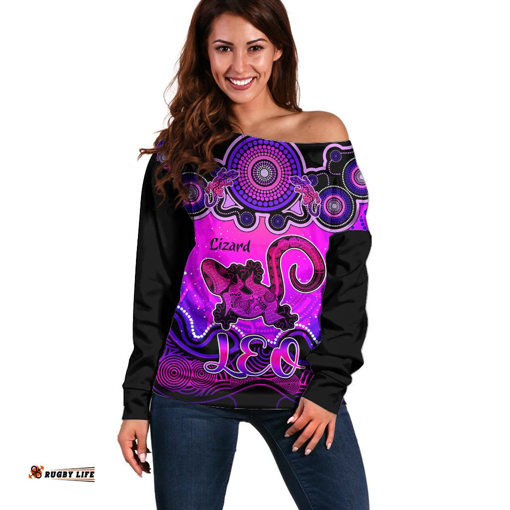 Personalised Australia Leo Lizard Zodiac Off Shoulder Sweater Auz Astrology Aboriginal Magenta