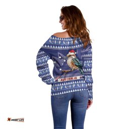 Aussie Kookaburra Off Shoulder Sweater Merry Christmas Blue Style