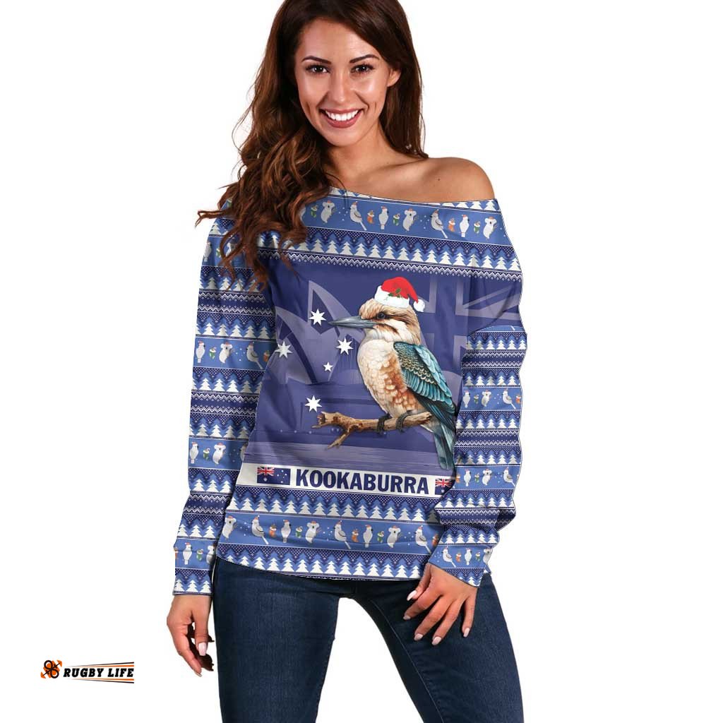 Aussie Kookaburra Off Shoulder Sweater Merry Christmas Blue Style