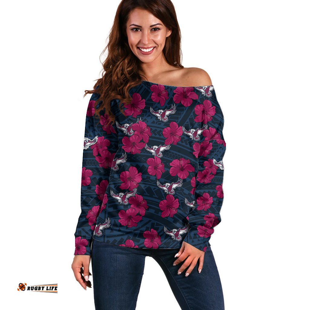 Custom Text And Number Sea Eagles Rugby Off Shoulder Sweater Polynesian Style With Hibiscus