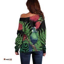 New Zealand Tui Bird Christmas Off Shoulder Sweater Maori Fern Mix Pohotukawa