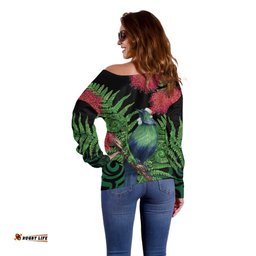 New Zealand Tui Bird Christmas Off Shoulder Sweater Maori Fern Mix Pohotukawa