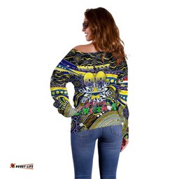 Merry Christmas Cowboys Off Shoulder Sweater Aboriginal Santa Rugby Mascot North Queensland