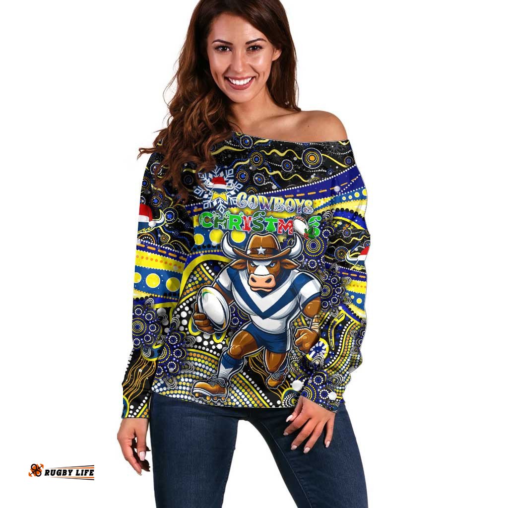 Merry Christmas Cowboys Off Shoulder Sweater Aboriginal Santa Rugby Mascot North Queensland