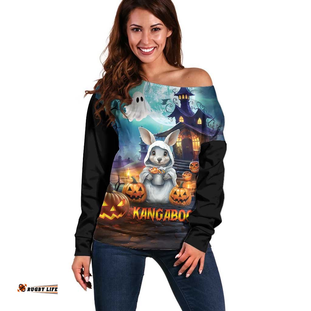 Happy Kangaboo Off Shoulder Sweater Kangaroo and Halloween Haunted House