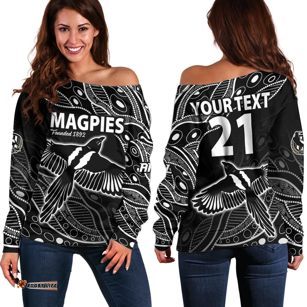 Custom Text And Number Collingwood Magpies Football Off Shoulder Sweater Pies Founded 1892