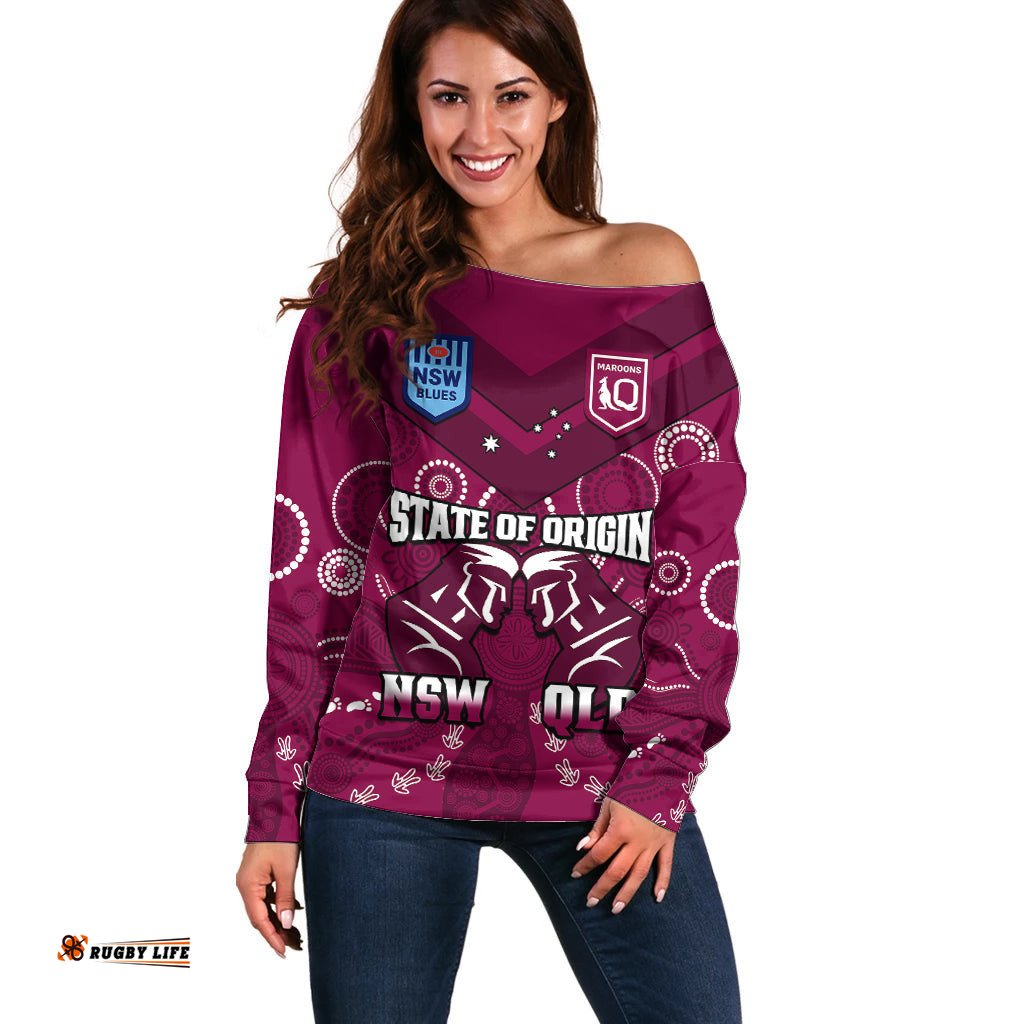 Personalised QLD Maroons and NSW Blues Rugby Off Shoulder Sweater State of Origin Indigenous Maroon