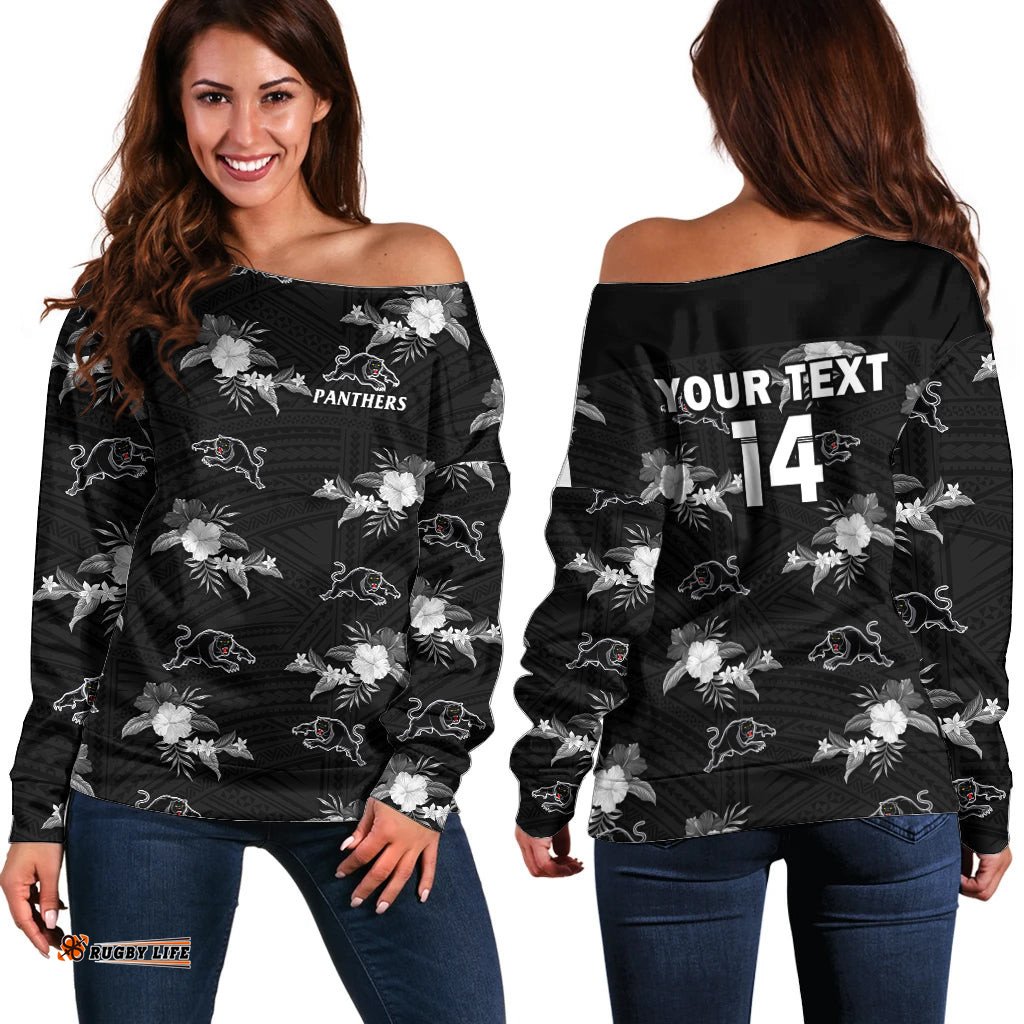 Custom Text And Number Panthers Rugby Off Shoulder Sweater Polynesian Tribal Mix Tropical Hawaiian Style