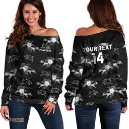 Custom Text And Number Panthers Rugby Off Shoulder Sweater Polynesian Tribal Mix Tropical Hawaiian Style