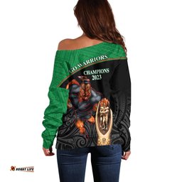 Warriors Rugby Off Shoulder Sweater Go Champions Aotearoa Mascot With Polynesian Maori Pattern