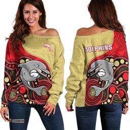 Dolphins Rugby Off Shoulder Sweater Phins Up Indigenous Art 01