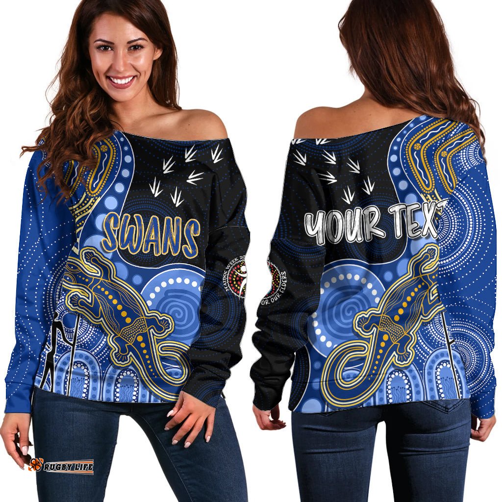 Personalised NAIDOC Week AFL Eagles Off Shoulder Sweater Aboriginal Dot Art Lizard Mix Boomerang
