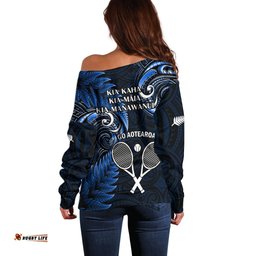 New Zealand Tiki Tennis Off Shoulder Sweater 2024 Aotearoa Tenehi Maori Silver Fern Blue