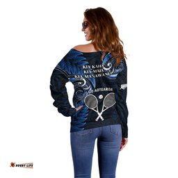 New Zealand Tiki Tennis Off Shoulder Sweater 2024 Aotearoa Tenehi Maori Silver Fern Blue