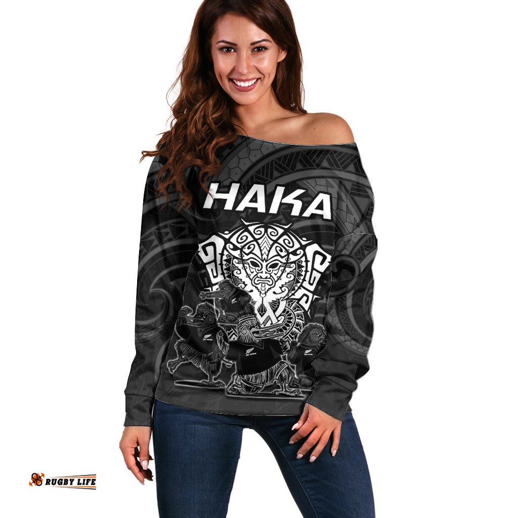 Personalised New Zealand Rugby Off Shoulder Sweater Aotearoa Ka Mate Haka All Black Mix Ta Moko White Style
