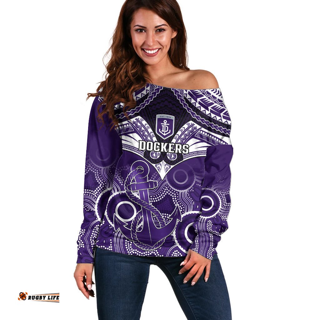 Dockers Football Off Shoulder Sweater Fremantle Aboriginal Mix Polynesian Pattern