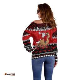Personalised New Zealand Christmas Off Shoulder Sweater Kiwi Santa Claus Maori Meri Kirihimete