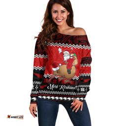 Personalised New Zealand Christmas Off Shoulder Sweater Kiwi Santa Claus Maori Meri Kirihimete
