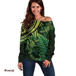 New Zealand Lizard Off Shoulder Sweater Silver Fern Aotearoa Maori Green Version