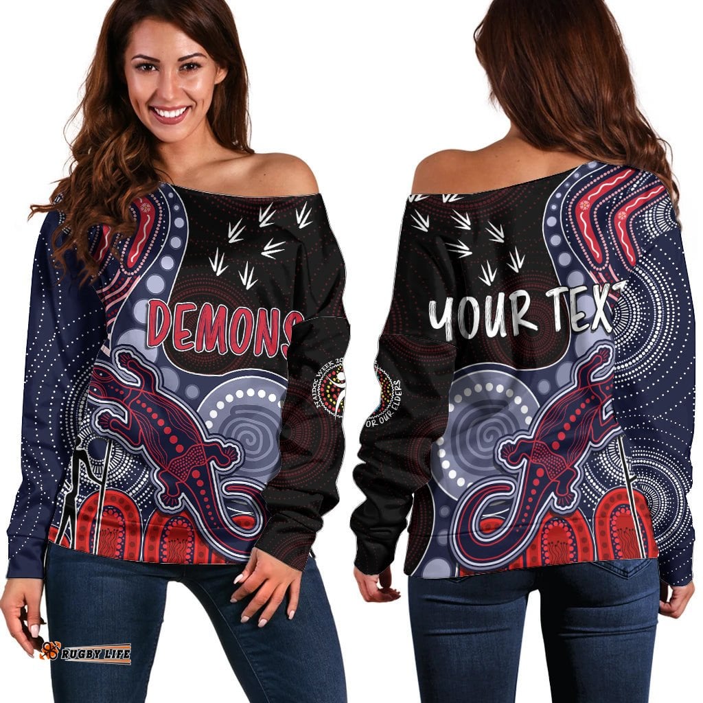 Personalised NAIDOC Week AFL Demons Off Shoulder Sweater Aboriginal Dot Art Lizard Mix Boomerang