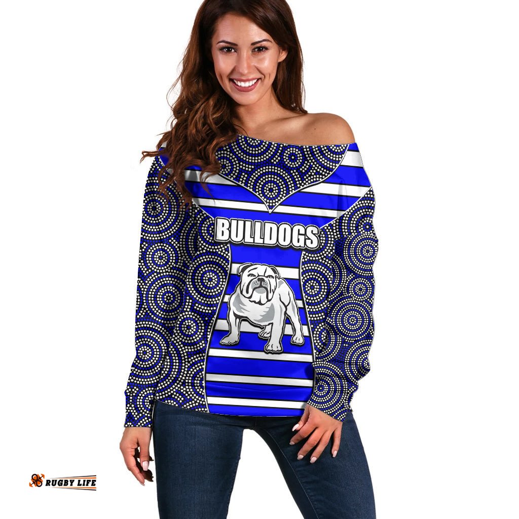 NRL Bulldogs Off Shoulder Sweater Mix Dot Aboriginal