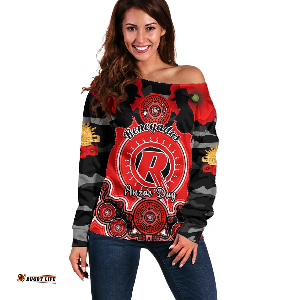 Melbourne Renegades ANZAC 2024 Off Shoulder Sweater Lest We Forget Poppy Mix Camouflage