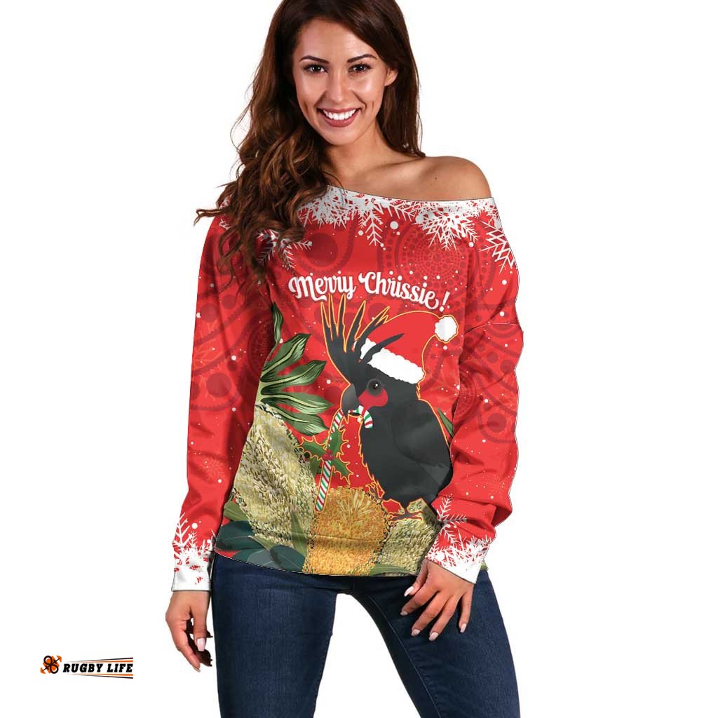 Personalised Palm Cockatoo Australia Christmas Off Shoulder Sweater Merry Chrissie Banksia Flowers
