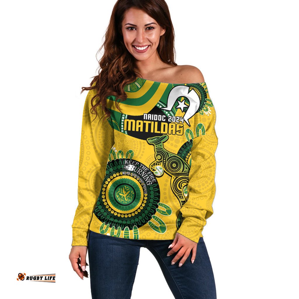 Custom Matildas NAIDOC Week Off Shoulder Sweater Australia Kangaroo Keep The Fire Burning Yellow