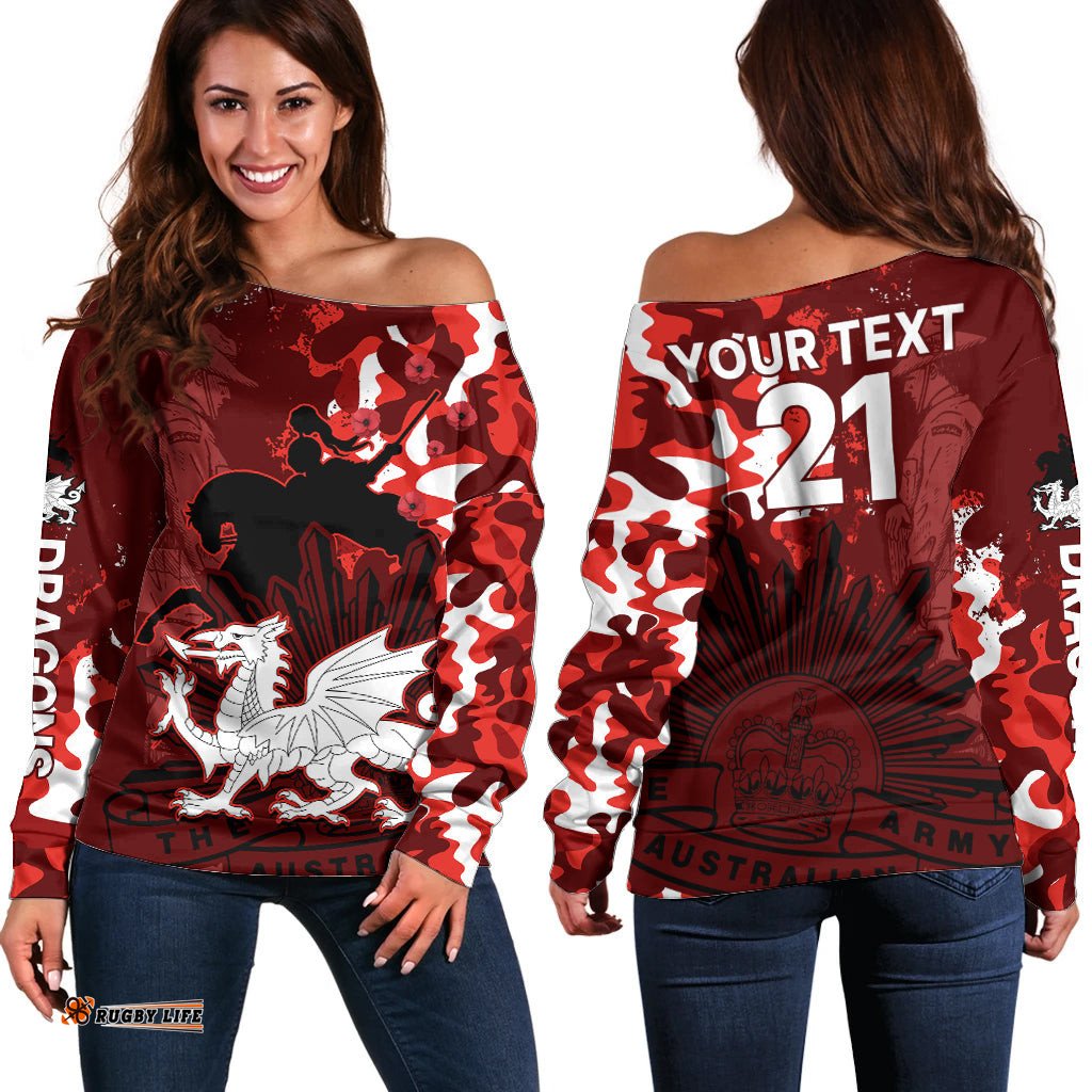 Custom Text And Number NRL ANZAC St Dragons Off Shoulder Sweater Camouflage