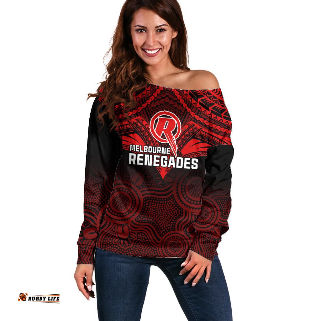 Melbourne Renegades Cricket Off Shoulder Sweater Unique Indigenous Art Mix Polynesian Pattern