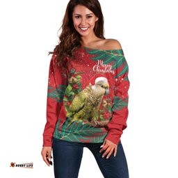 Personalised New Zealand Kakapo Christmas Off Shoulder Sweater Meri Kirihimete Silver Fern Mix Pohutukawa