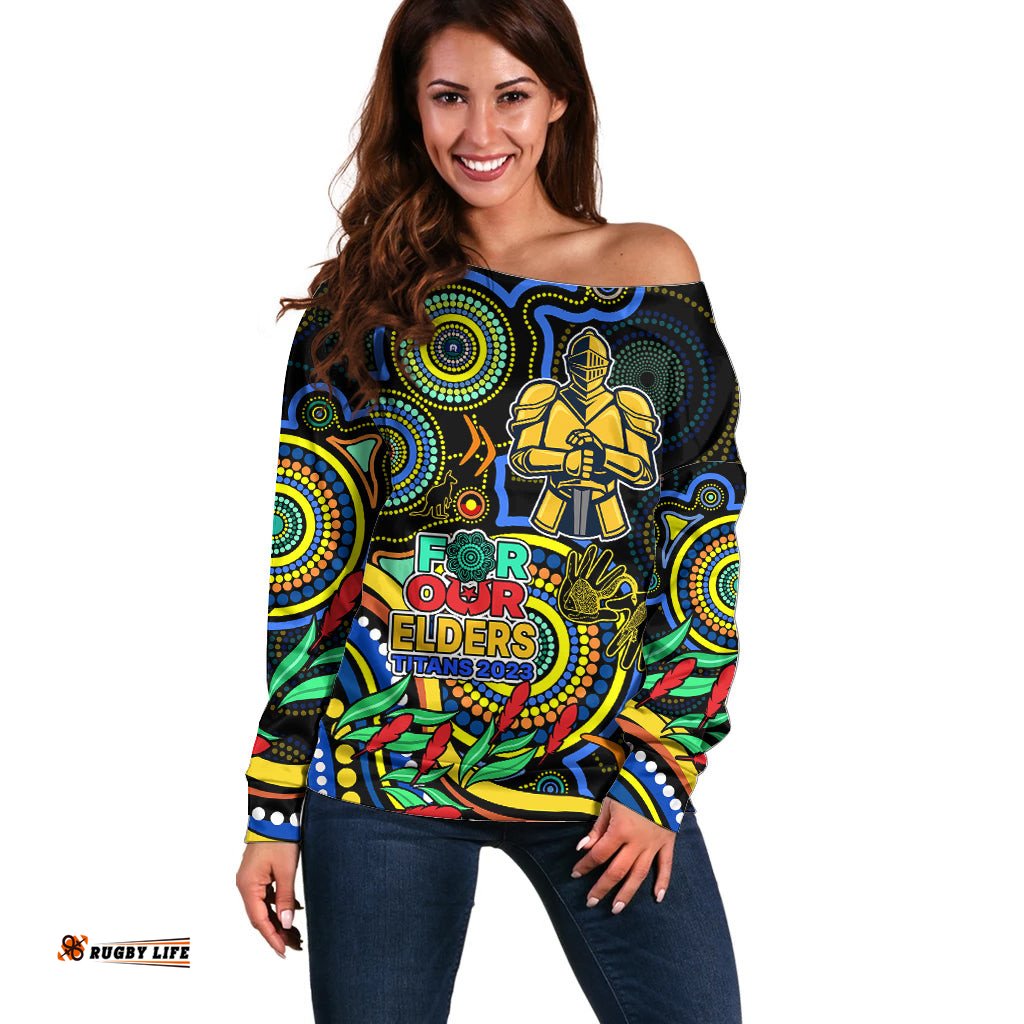 Custom Titans Rugby Aboriginal Art Off Shoulder Sweater NAIDOC Indigenous Tribal