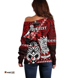 Personalised Te Reo Maori New Zealand Off Shoulder Sweater Aotearoa Kia Haka Maori Tribal Tattoo Red Style