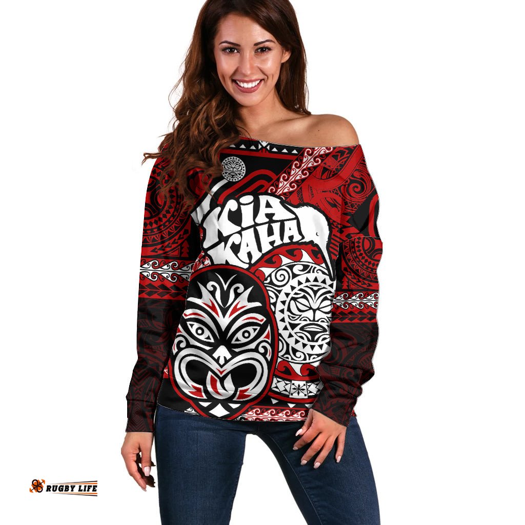 Personalised Te Reo Maori New Zealand Off Shoulder Sweater Aotearoa Kia Haka Maori Tribal Tattoo Red Style