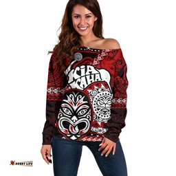 Personalised Te Reo Maori New Zealand Off Shoulder Sweater Aotearoa Kia Haka Maori Tribal Tattoo Red Style