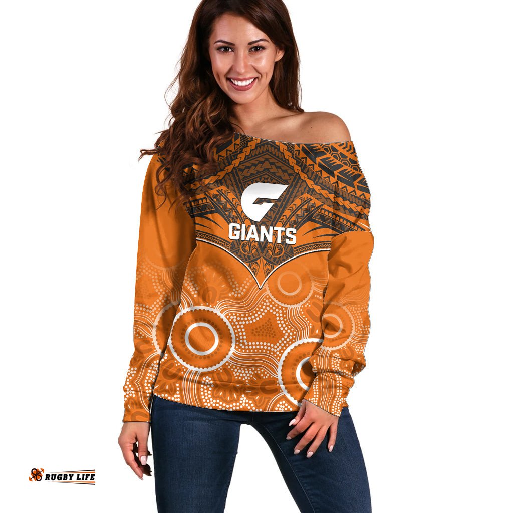 Giants Football Off Shoulder Sweater GWS Aboriginal Mix Polynesian Pattern