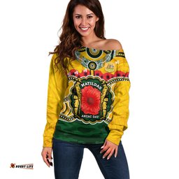 Matildas ANZAC Day 2024 Off Shoulder Sweater Australian Army We Will Remember Them Aboriginal Art