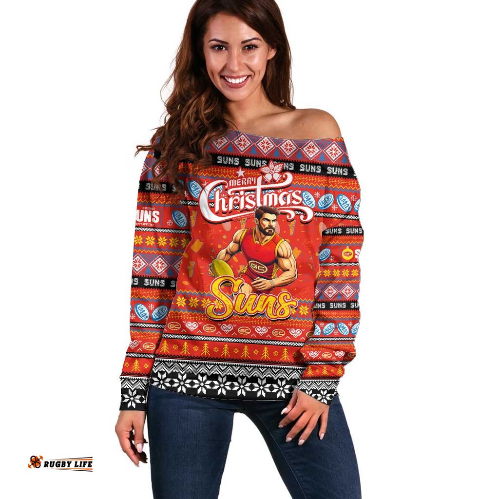 Personalized Suns Football Xmas Off Shoulder Sweater Australia AFL Mascot