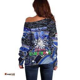 Merry Christmas Bulldogs Off Shoulder Sweater Aboriginal Santa Rugby Mascot Canterbury Bankstown