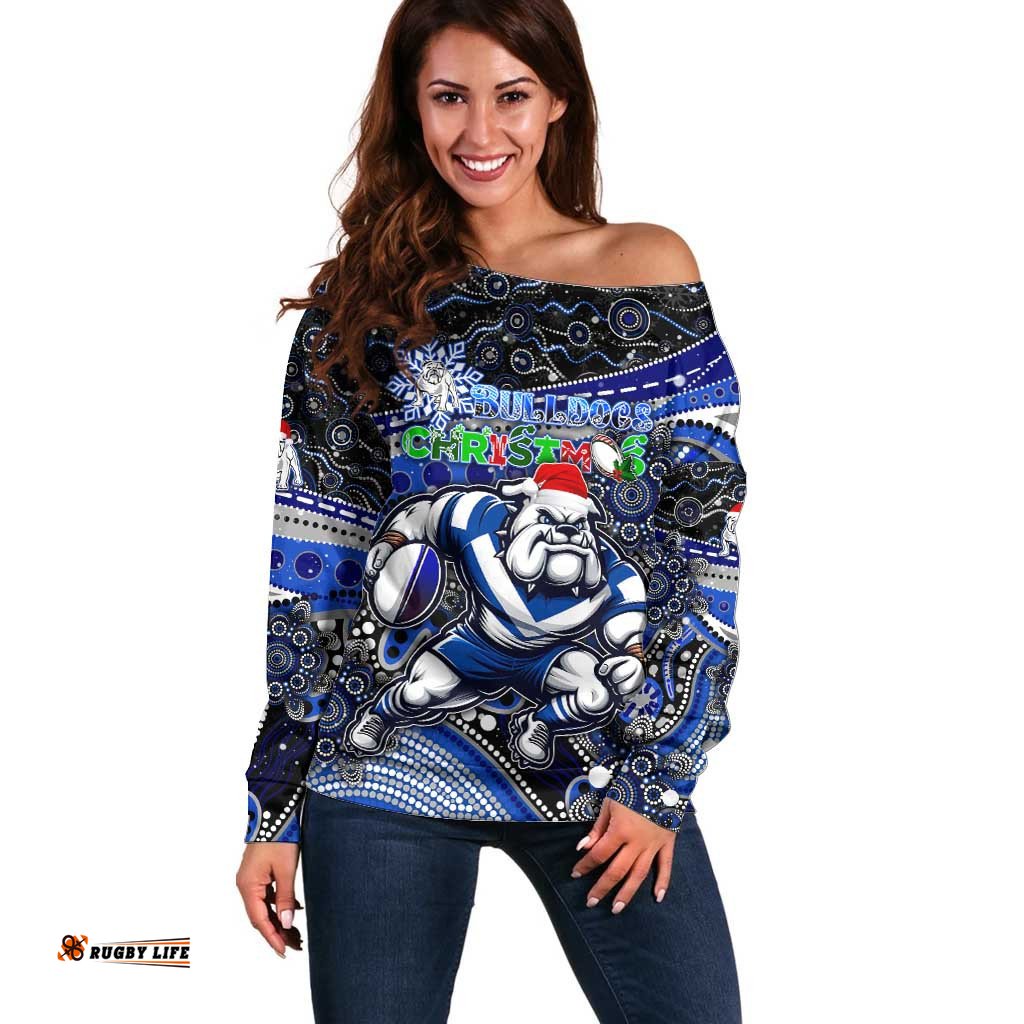 Merry Christmas Bulldogs Off Shoulder Sweater Aboriginal Santa Rugby Mascot Canterbury Bankstown