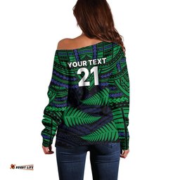 Custom Warriors Rugby Off Shoulder Sweater Aotearoa Fern Polynesian Pattern