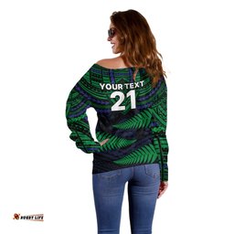 Custom Warriors Rugby Off Shoulder Sweater Aotearoa Fern Polynesian Pattern