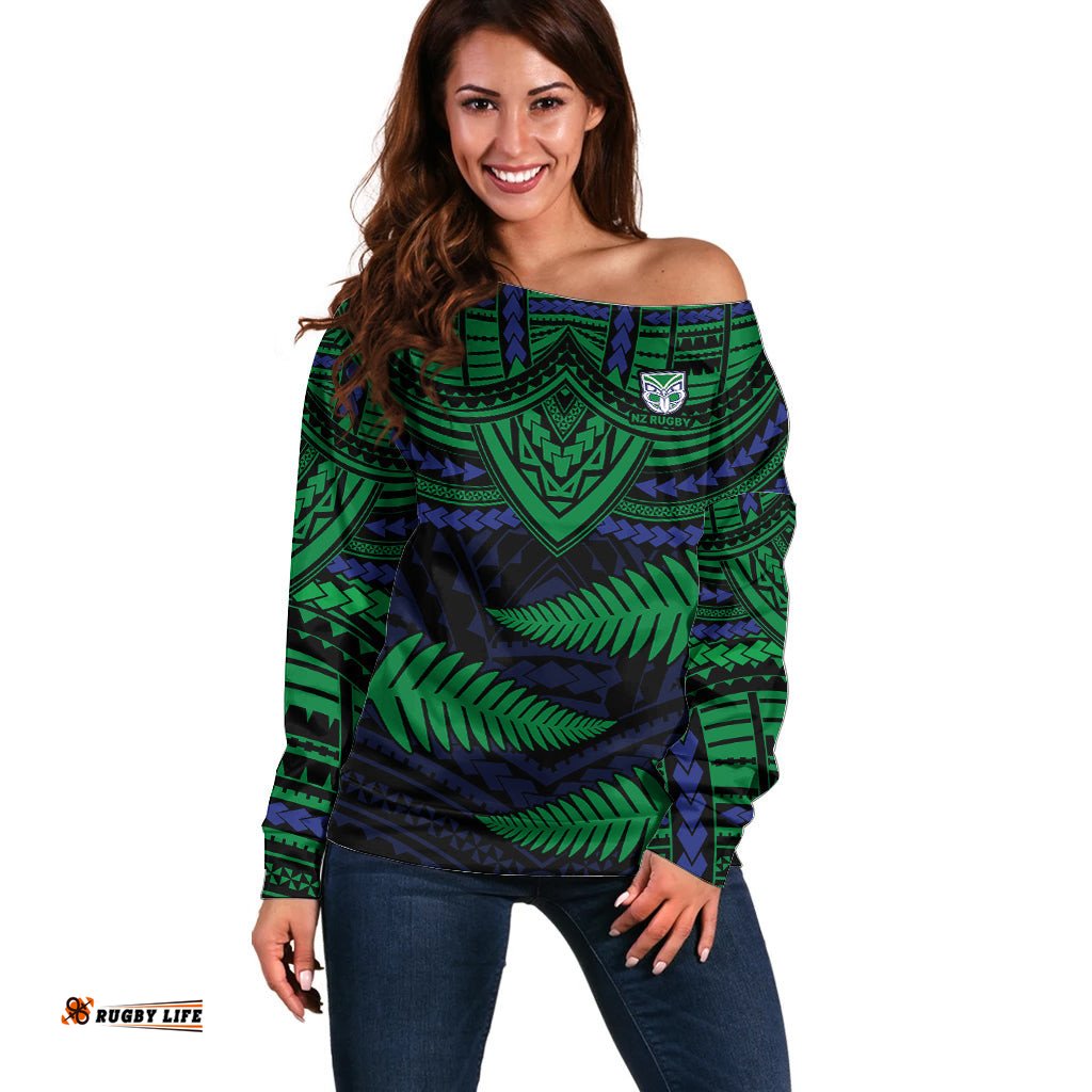 Custom Warriors Rugby Off Shoulder Sweater Aotearoa Fern Polynesian Pattern