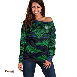 Custom Warriors Rugby Off Shoulder Sweater Aotearoa Fern Polynesian Pattern