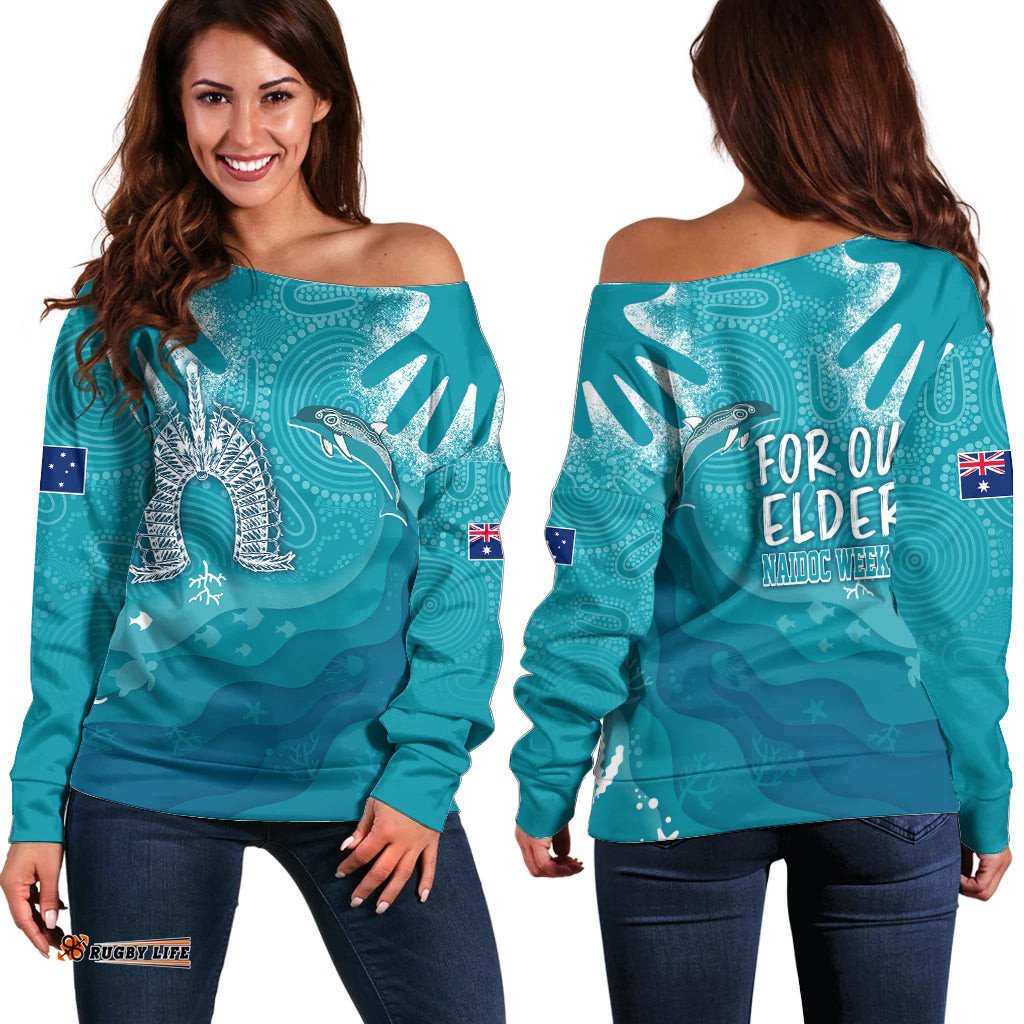 NAIDOC Week Off Shoulder Sweater For Our Elders Torres Strait Dolphin Aboriginal Dot Arts