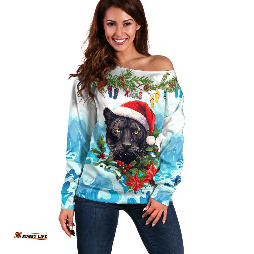 Personalised Australia Panthers Christmas Off Shoulder Sweater Merry and Bright Breaking Wave