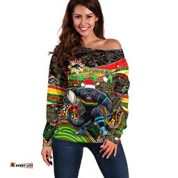 Merry Christmas Penrith Panthers Off Shoulder Sweater Aboriginal Santa Rugby Mascot The Riff