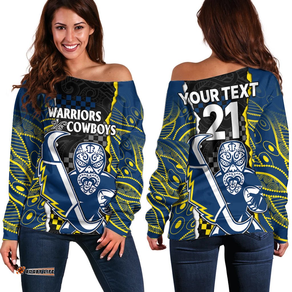 Custom Text And Number NRL Combine Warriors and Cowboys Off Shoulder Sweater Maori mixed Aboriginal