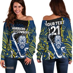 Custom Text And Number NRL Combine Warriors and Cowboys Off Shoulder Sweater Maori mixed Aboriginal